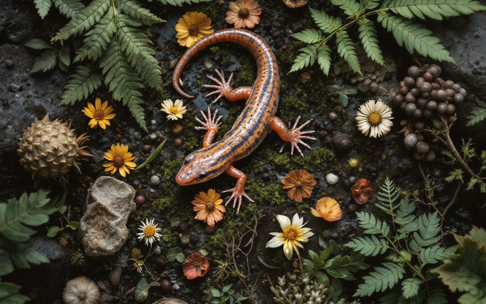 A striped salamander rests on mossy ground surrounded by ferns and small wildflowers