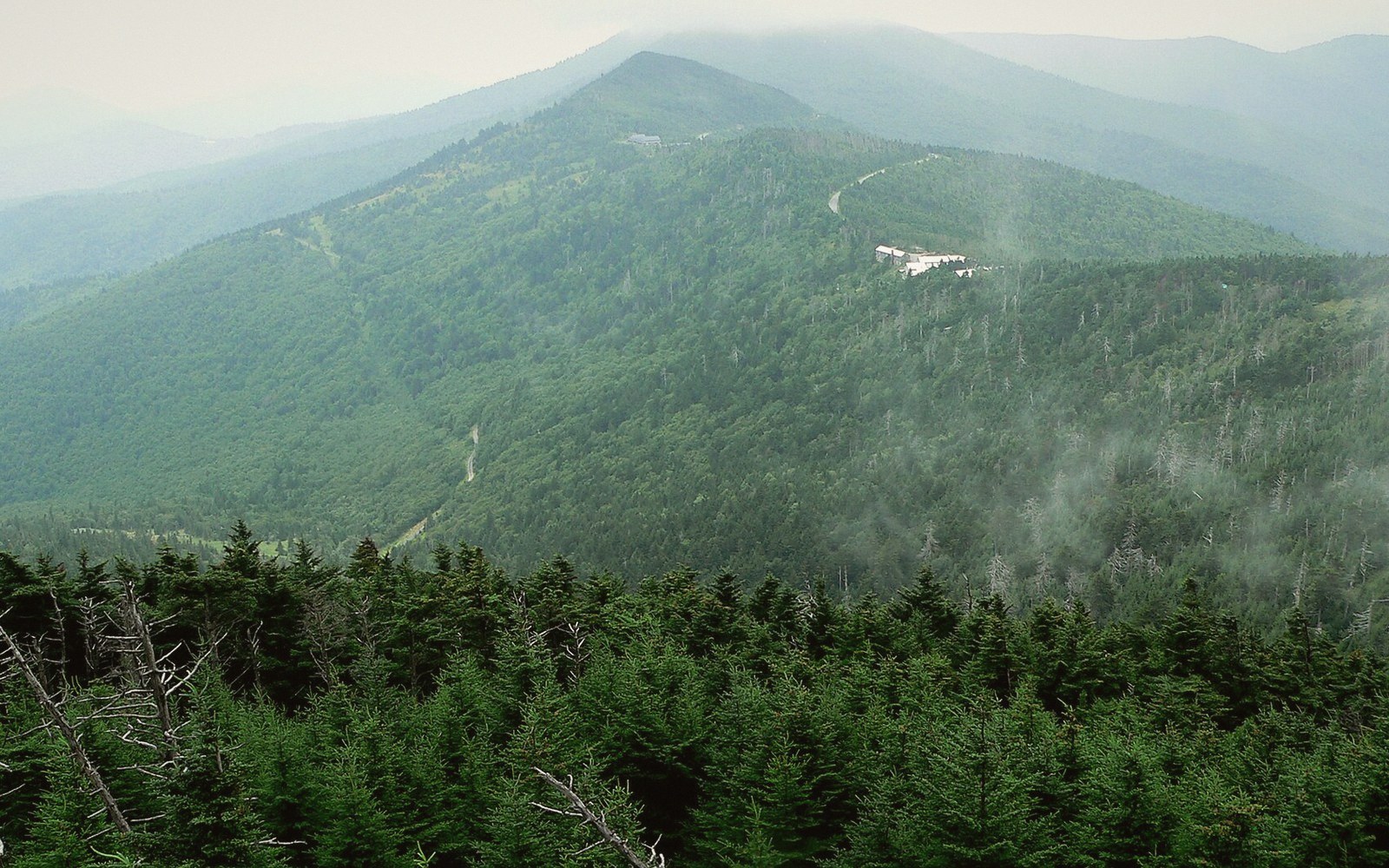 Mist rises over forested ridgelines with a building visible on a distant mountainside